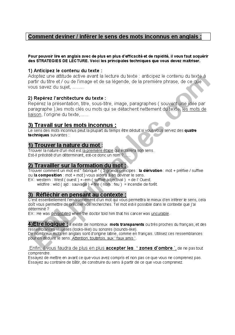 How To Infer The Meaning Of Unknown Words French Esl Worksheet By Ethanos