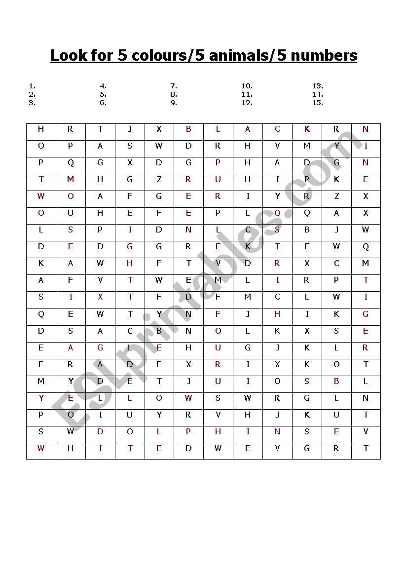 Look for 5 colours/5 animals/5 numbers