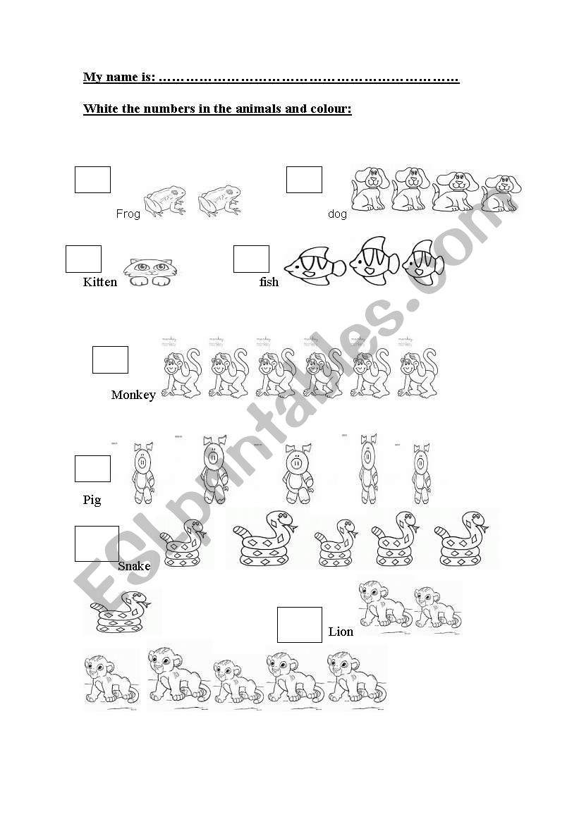 The numbers and the animals worksheet