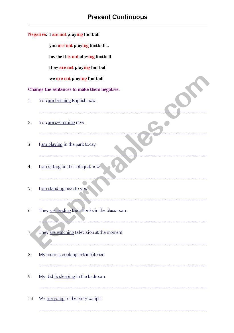 Present Continuous Negative worksheet