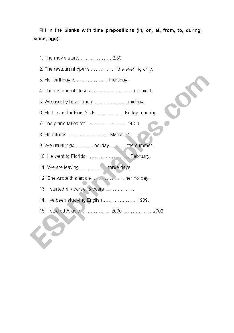 Time prepositions worksheet