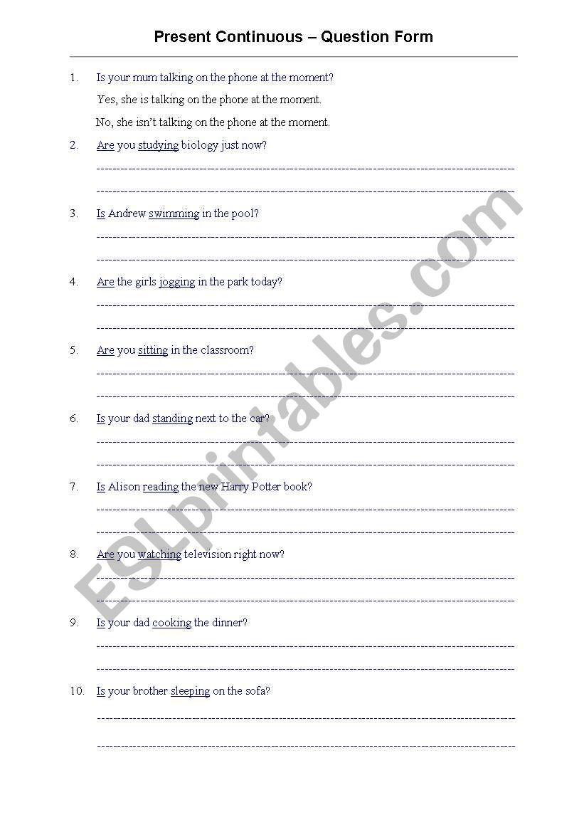 Present Continuous Questions worksheet