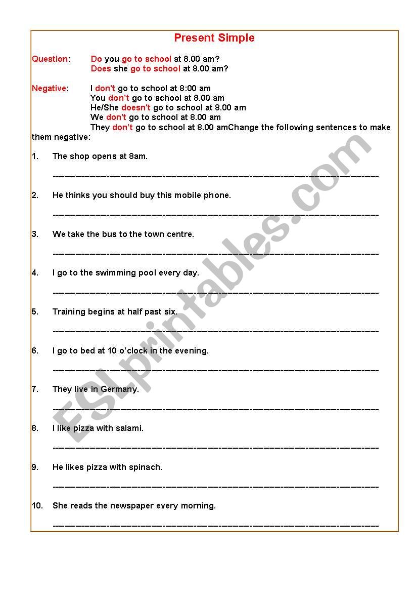 Present Simple Negative worksheet Present Simple Negative worksheet