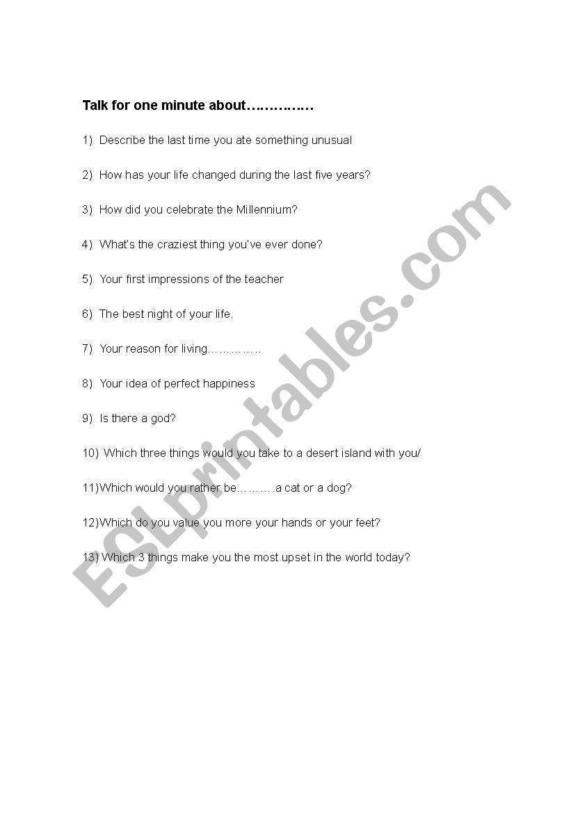 Talk for 1 minute worksheet