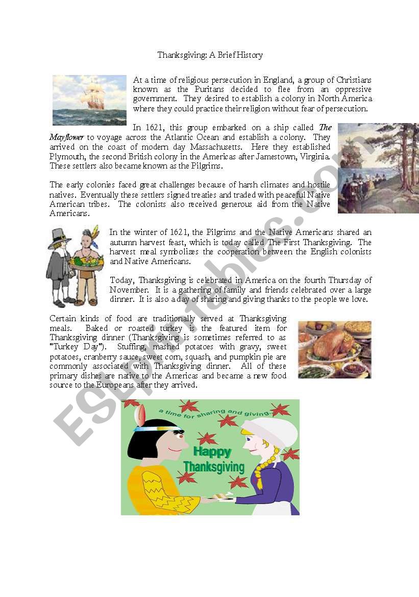 Thanksgiving: A Brief History worksheet