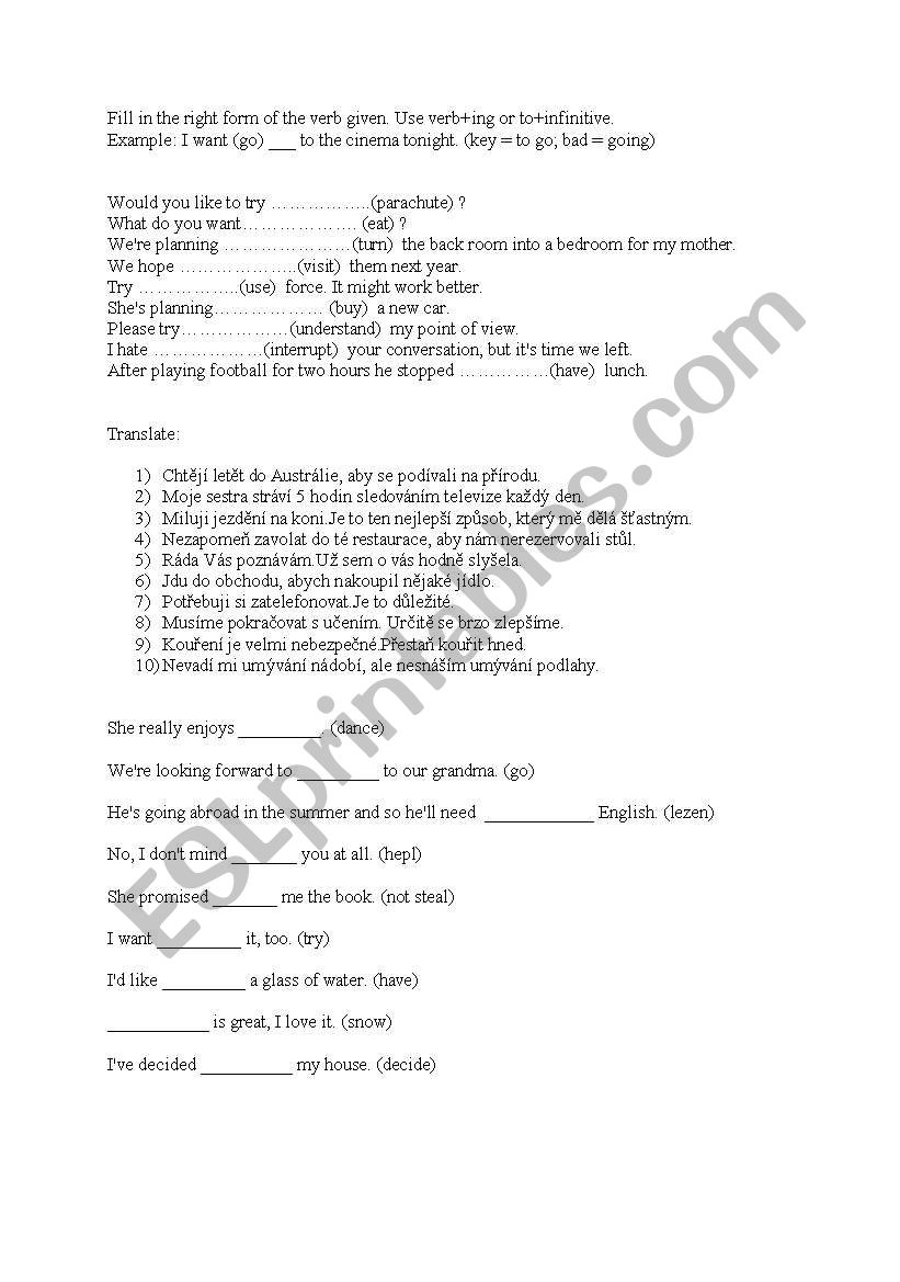 Gerund vd infinitive worksheet