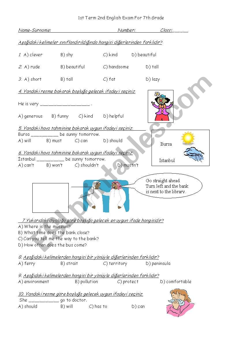 exam paper for 7th gade worksheet