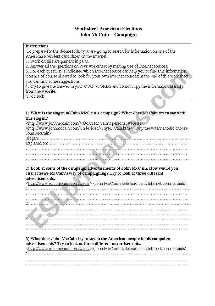 American Elections worksheet