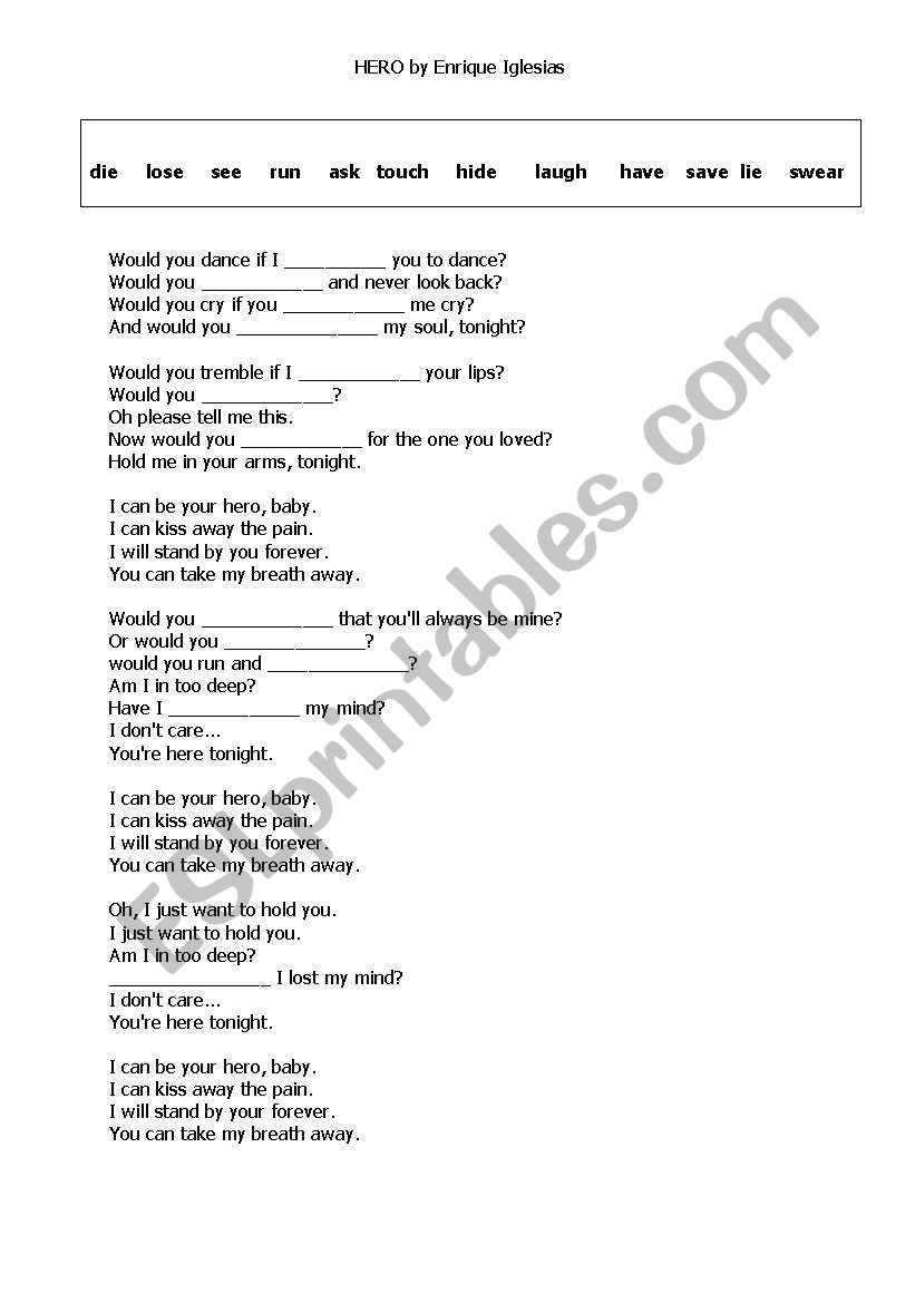 HERO by Enrique Iglesias worksheet