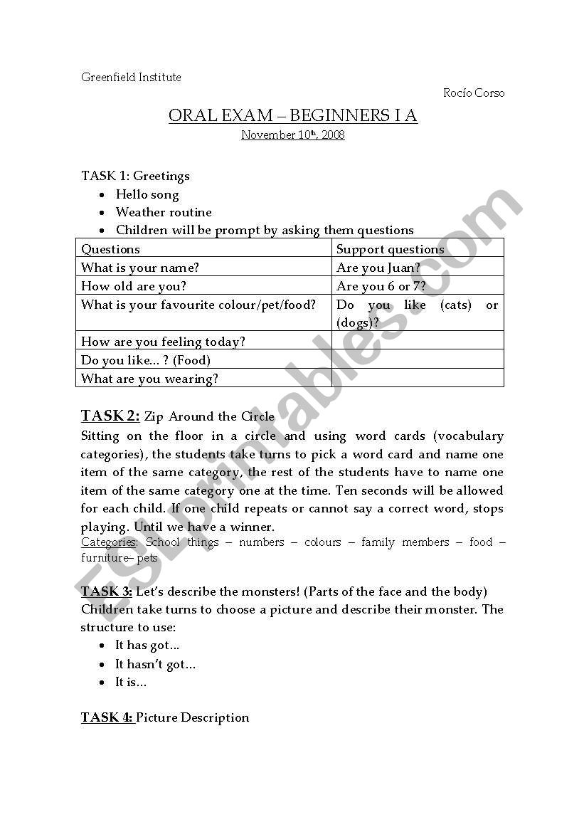 ORAL EXAM - Beginners 1 worksheet