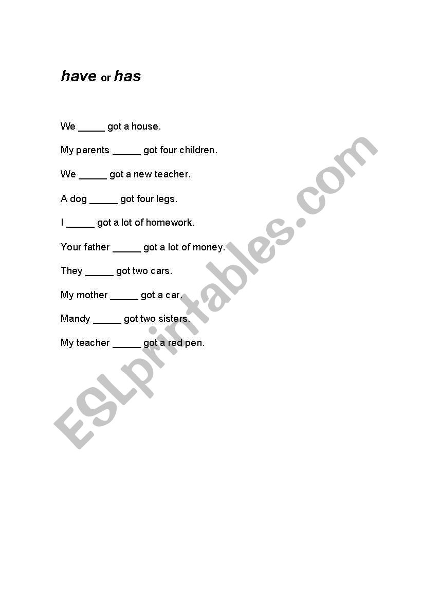  Have or has!  worksheet