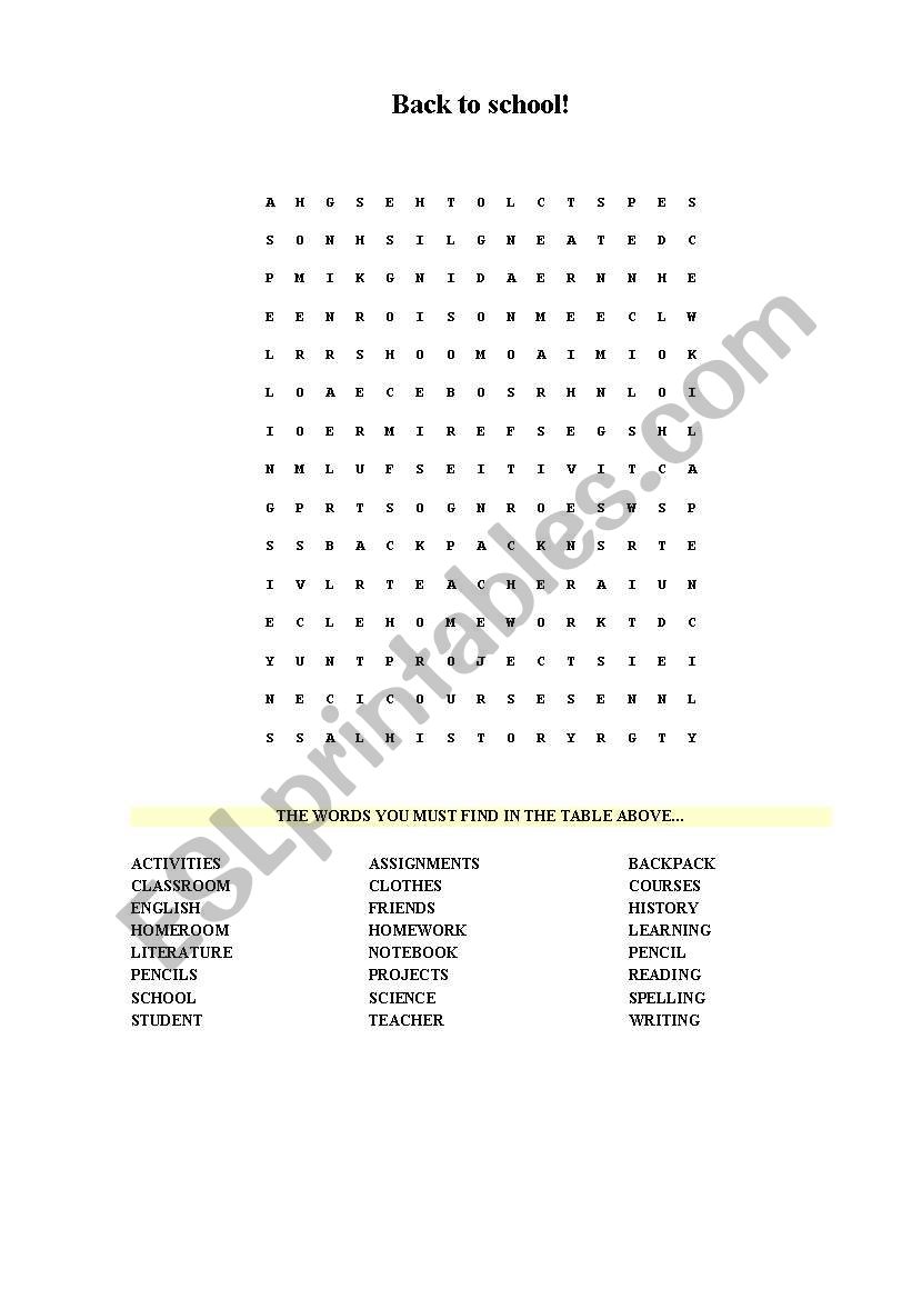 Back to School Wordsearch worksheet