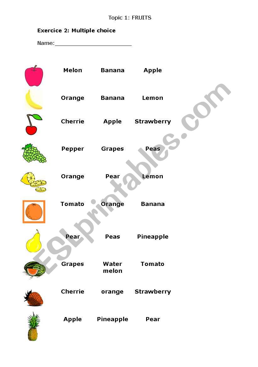 fruits multiple choice worksheet