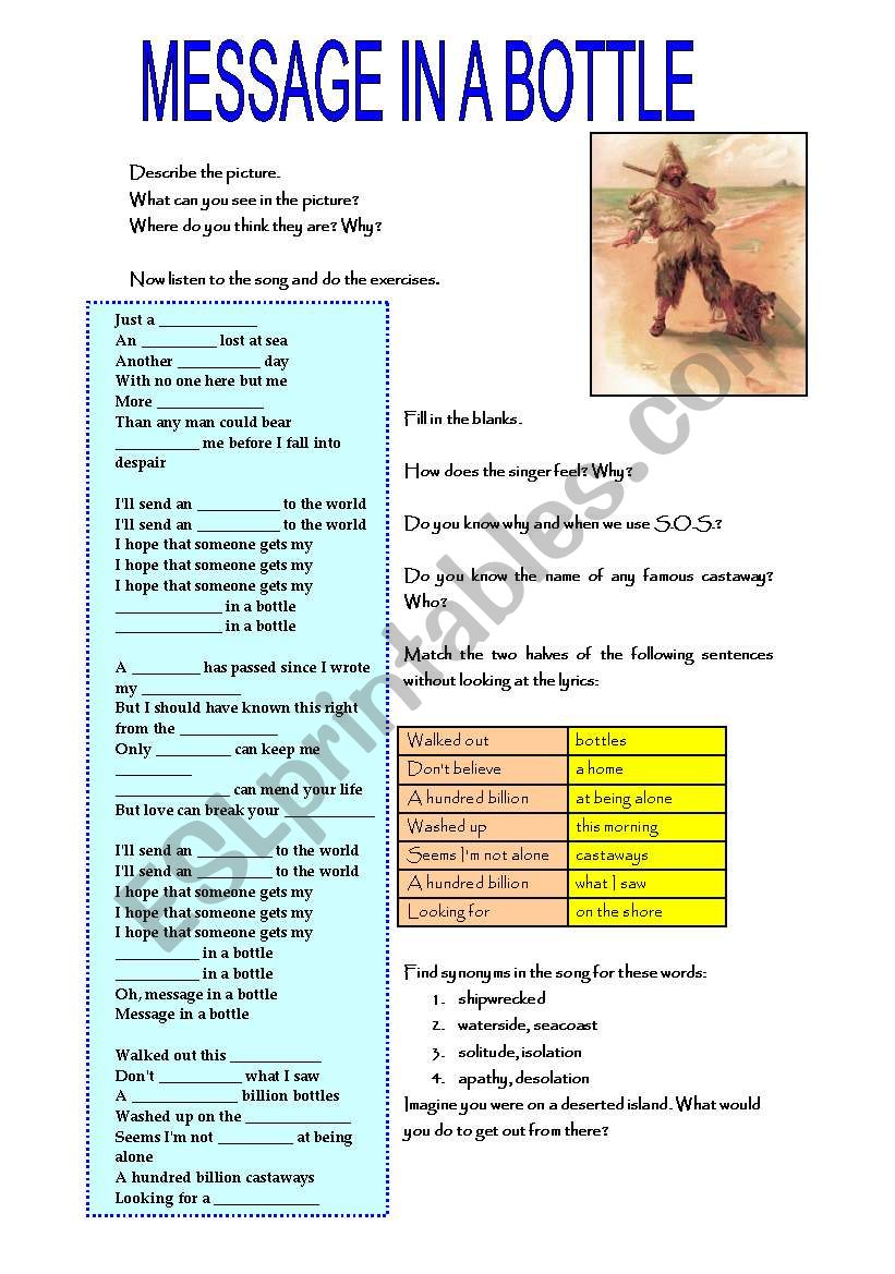 MESSAGE IN A BOTTLE worksheet