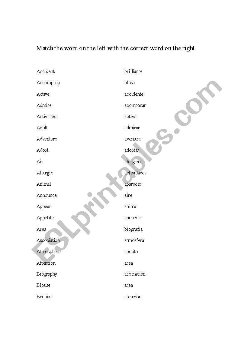 Matching Cognates worksheet