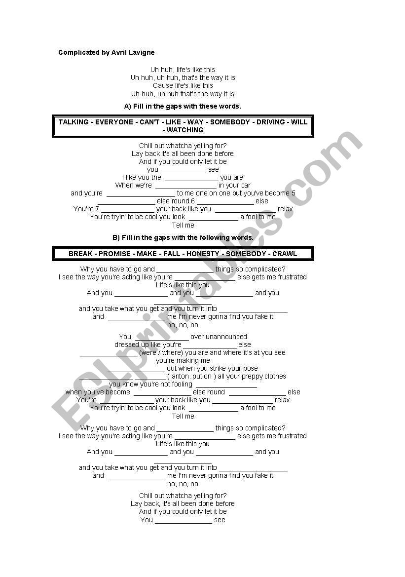Complicated by Avril Lavigne worksheet