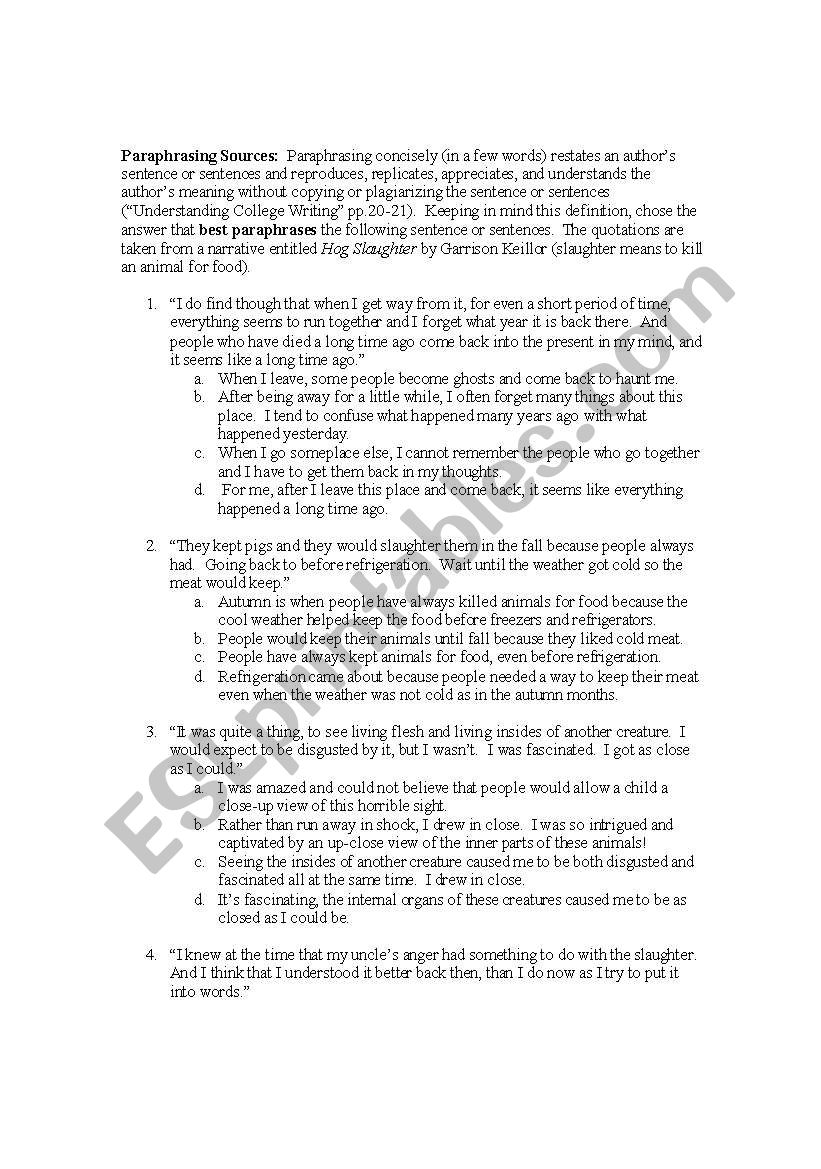 Paraphrases worksheet