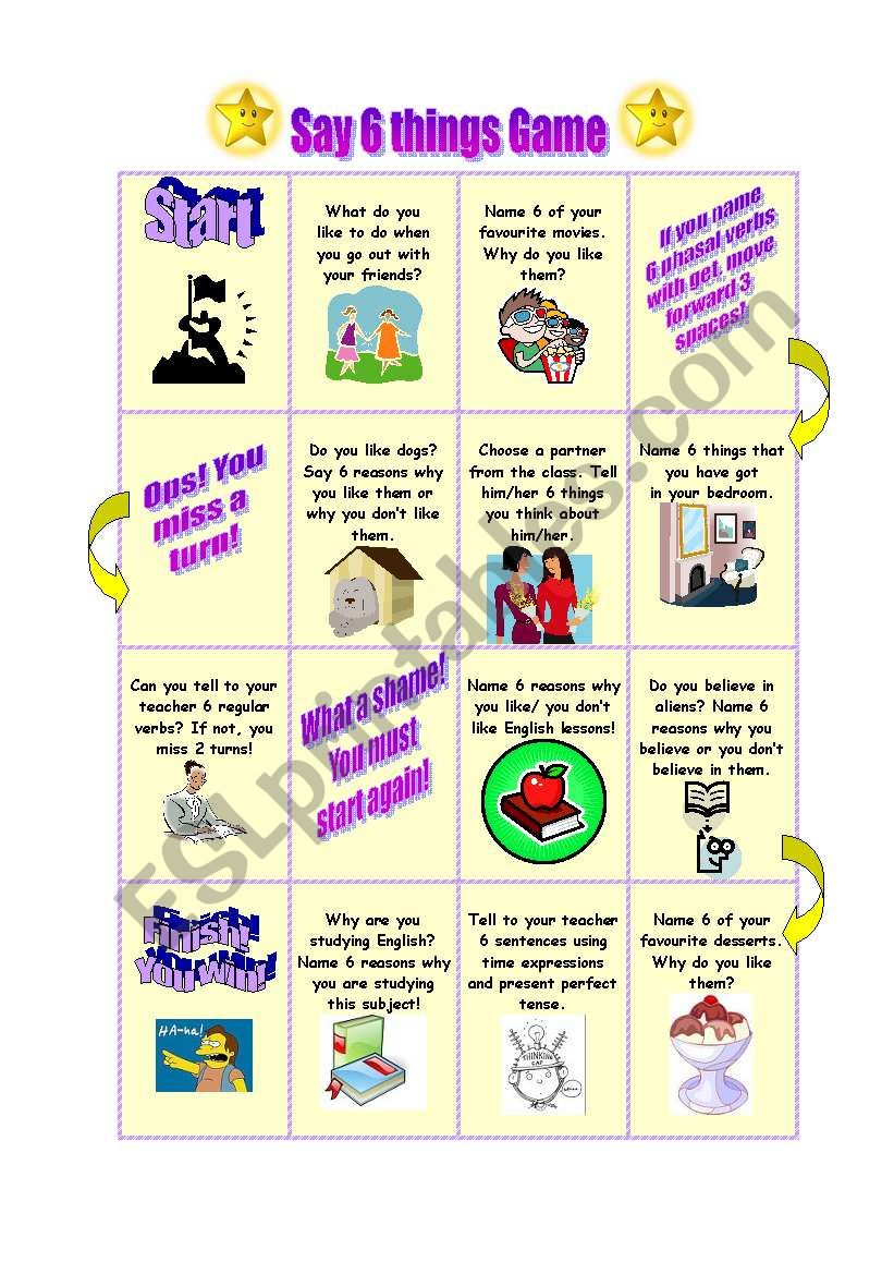 Say 6 things game!! worksheet