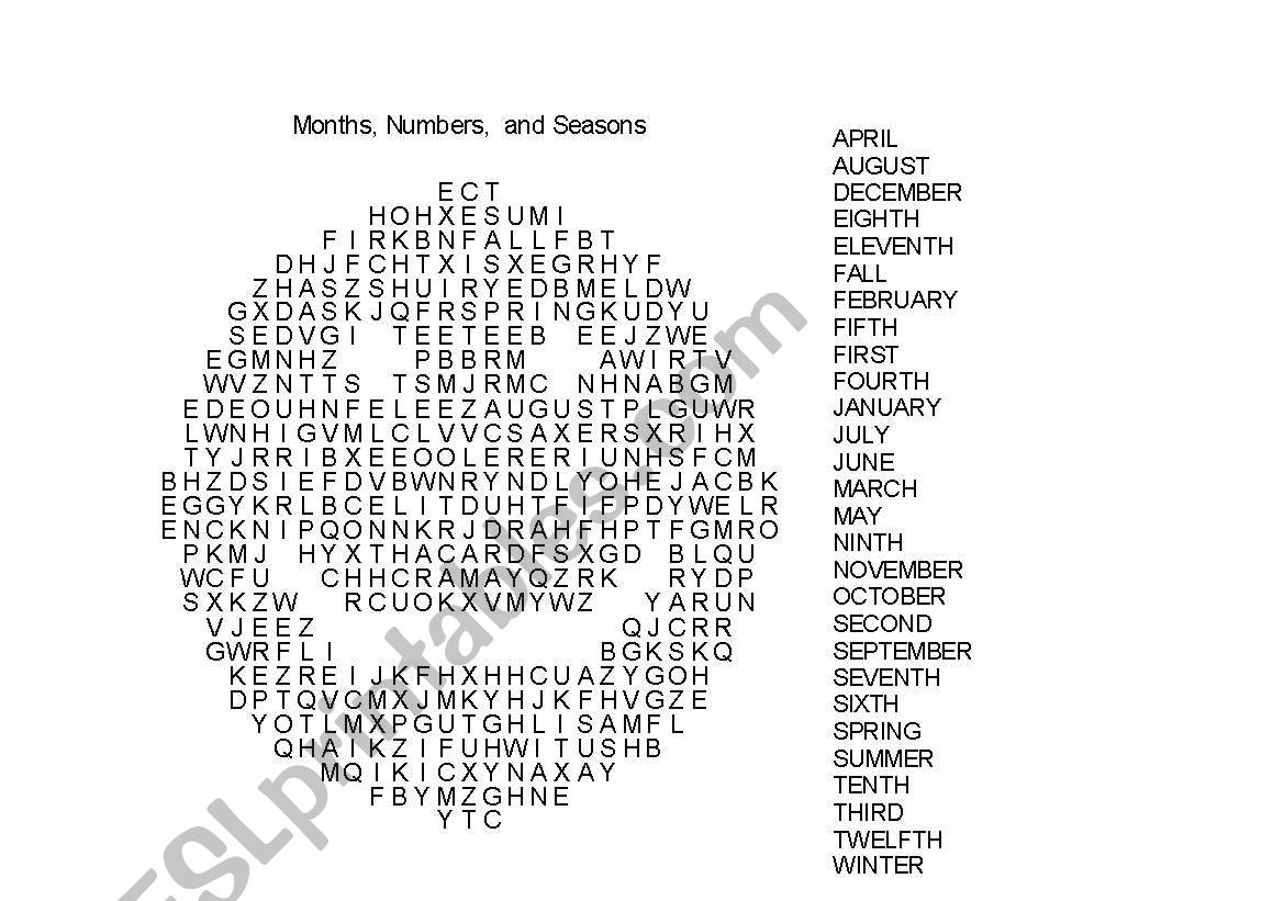 Months, Seasons, and Numbers Wordsearch