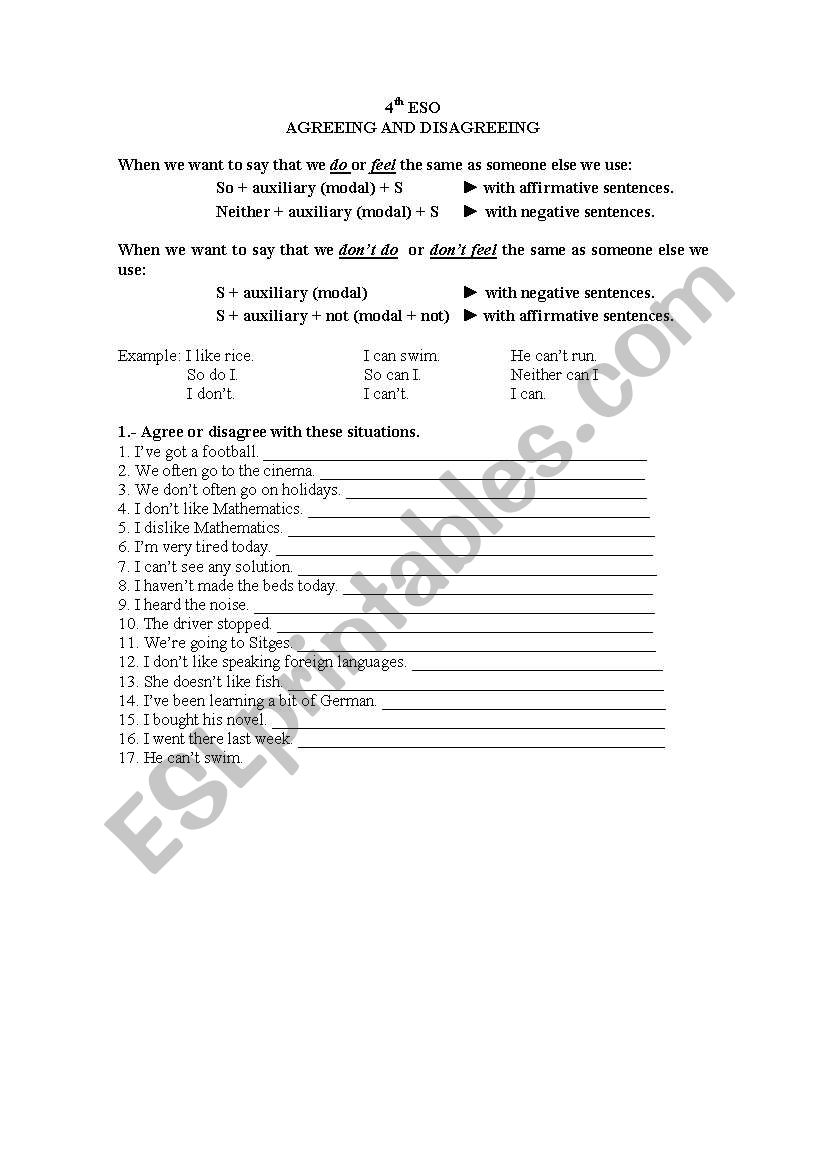 aGREEING AND DISAGREEING worksheet