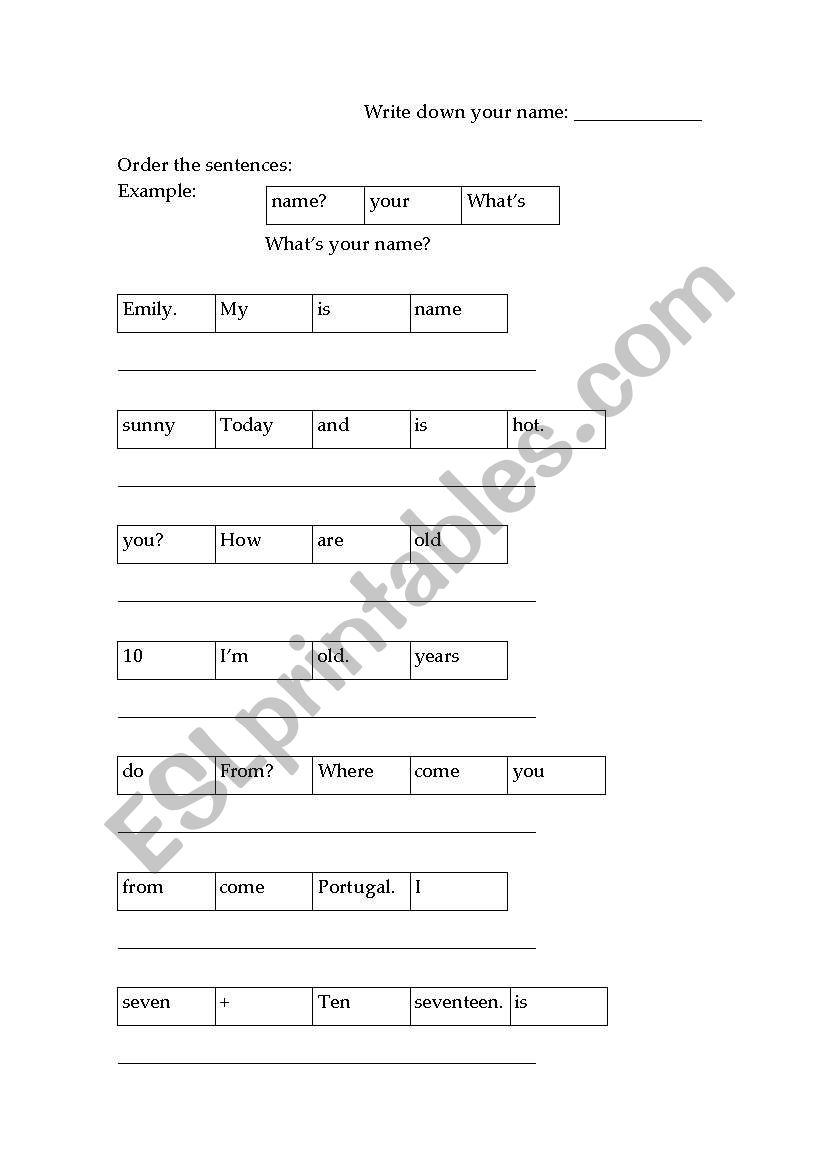 order the sentences worksheet