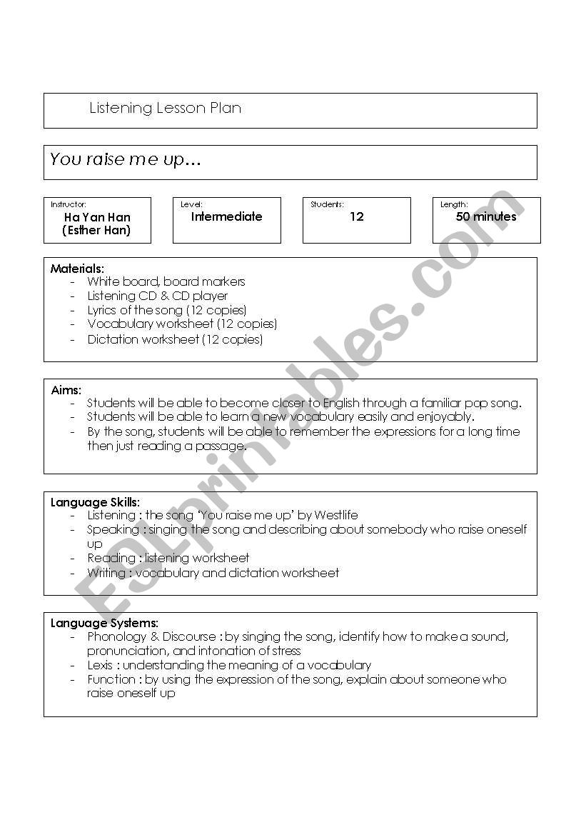 You raise me up worksheet