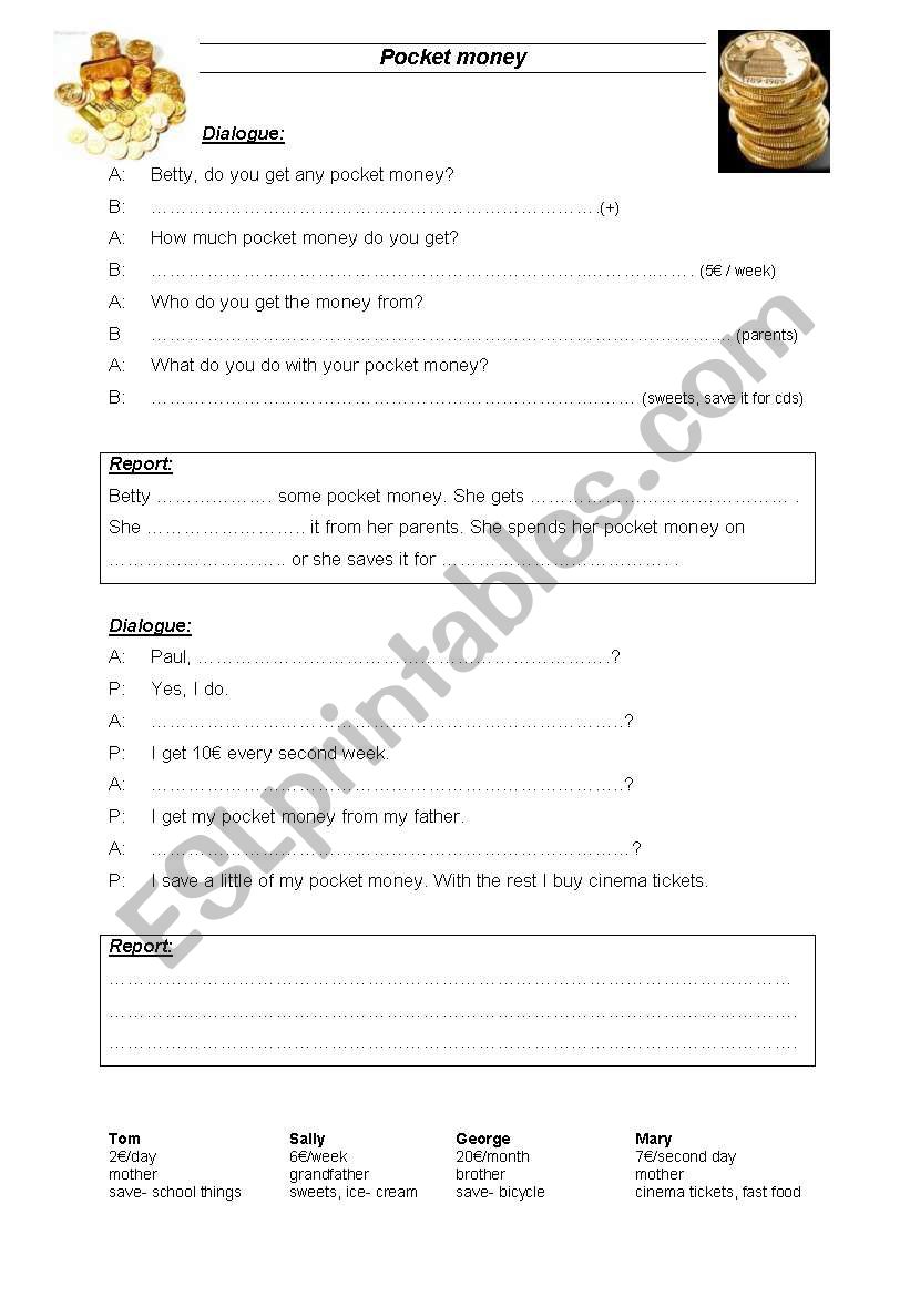 pocket money worksheet