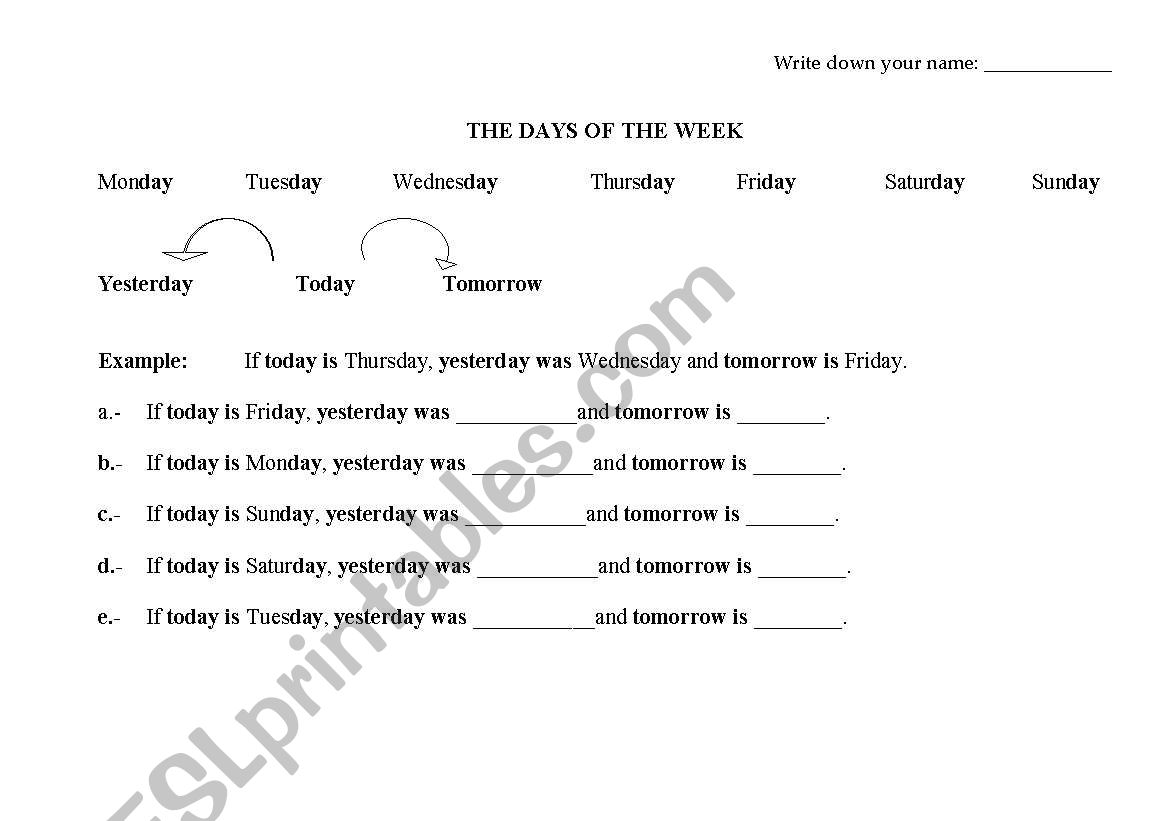 DAYS OF THE WEEK worksheet