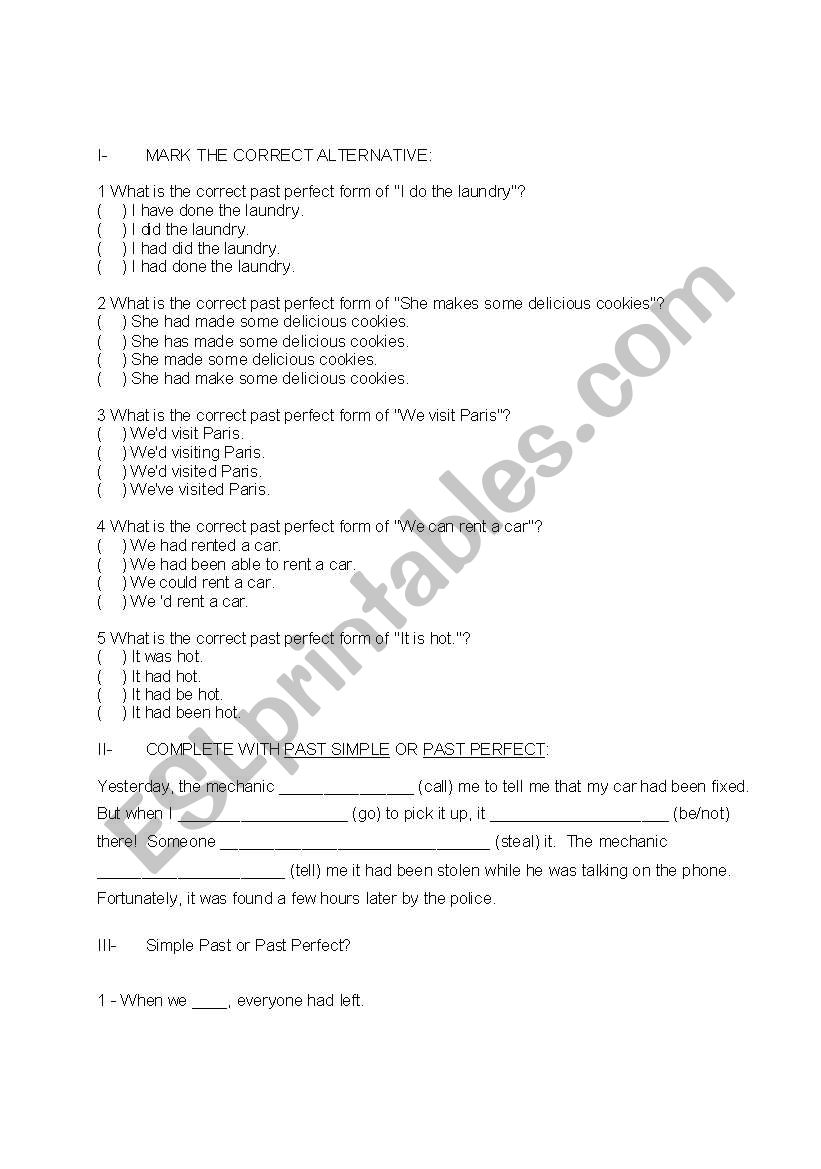 Past Perfect or Simple Past worksheet
