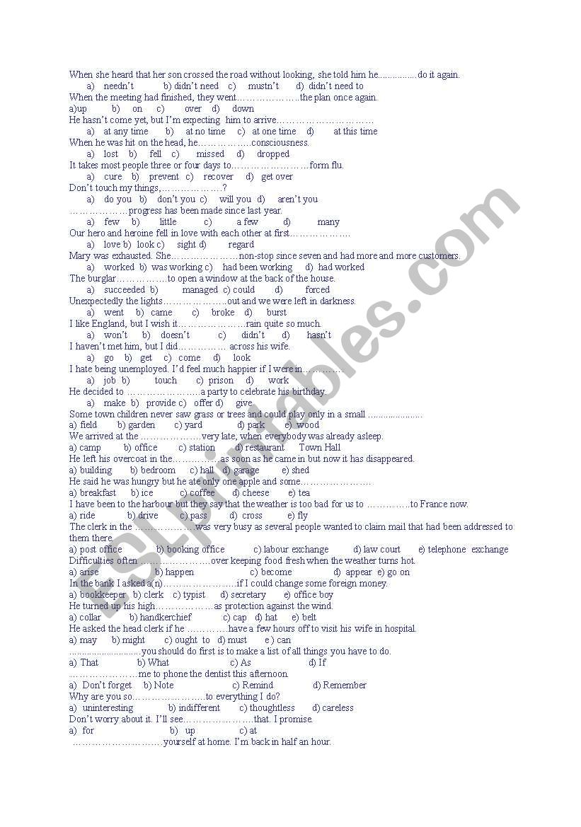 Multiple choice grammar test  worksheet