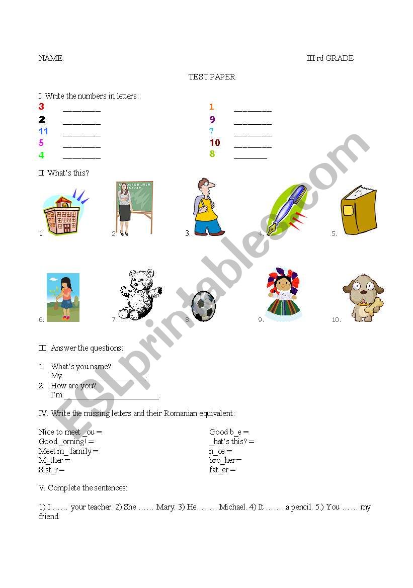 test 3rd grade worksheet