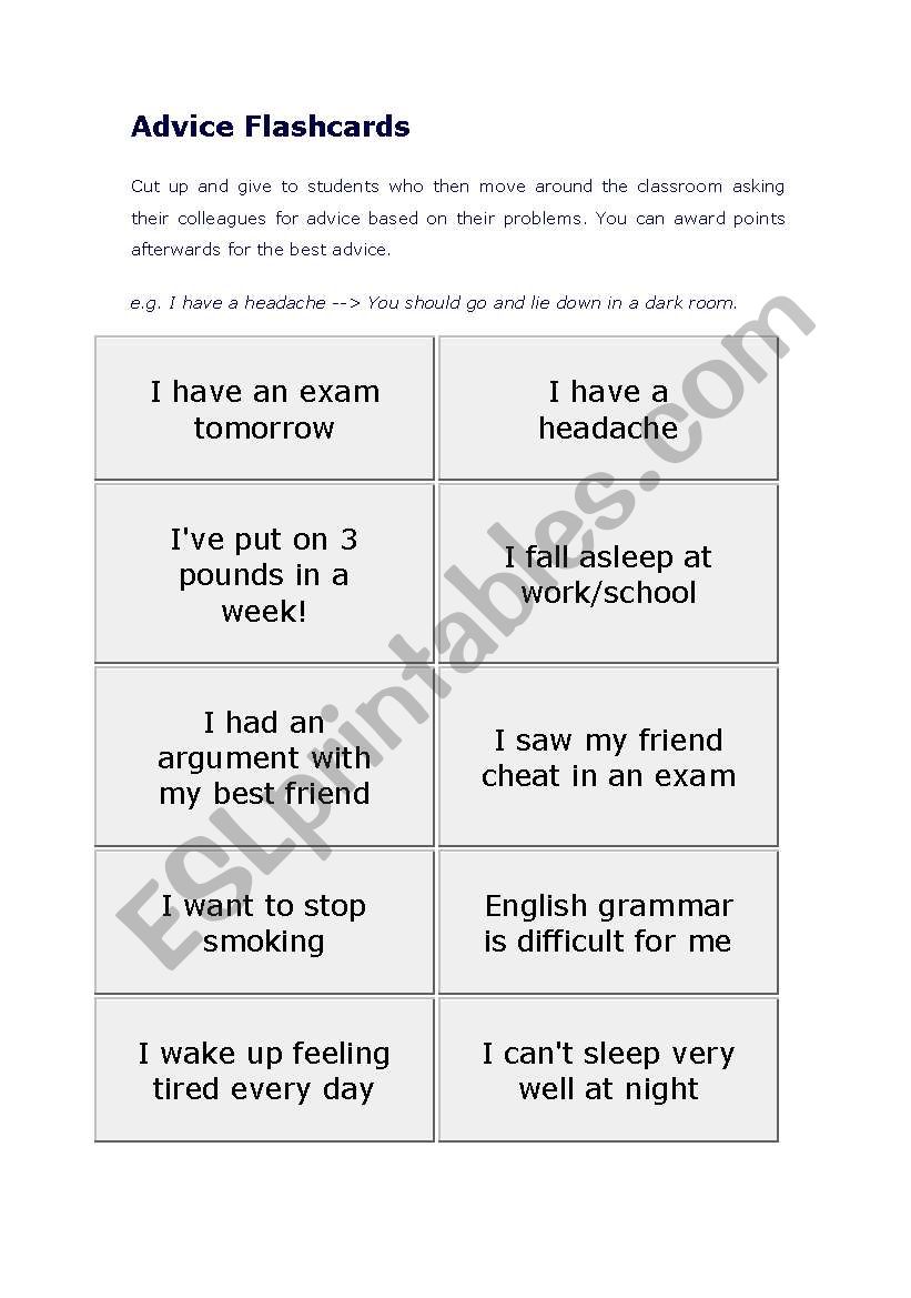 Advice flashcards worksheet