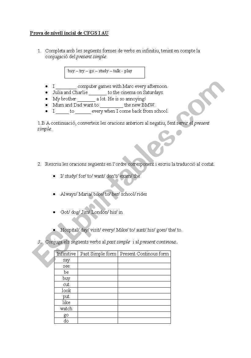 Level Test worksheet