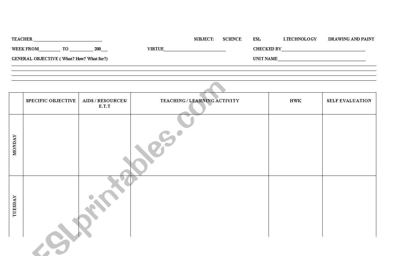 Weekly Lesson Planner template