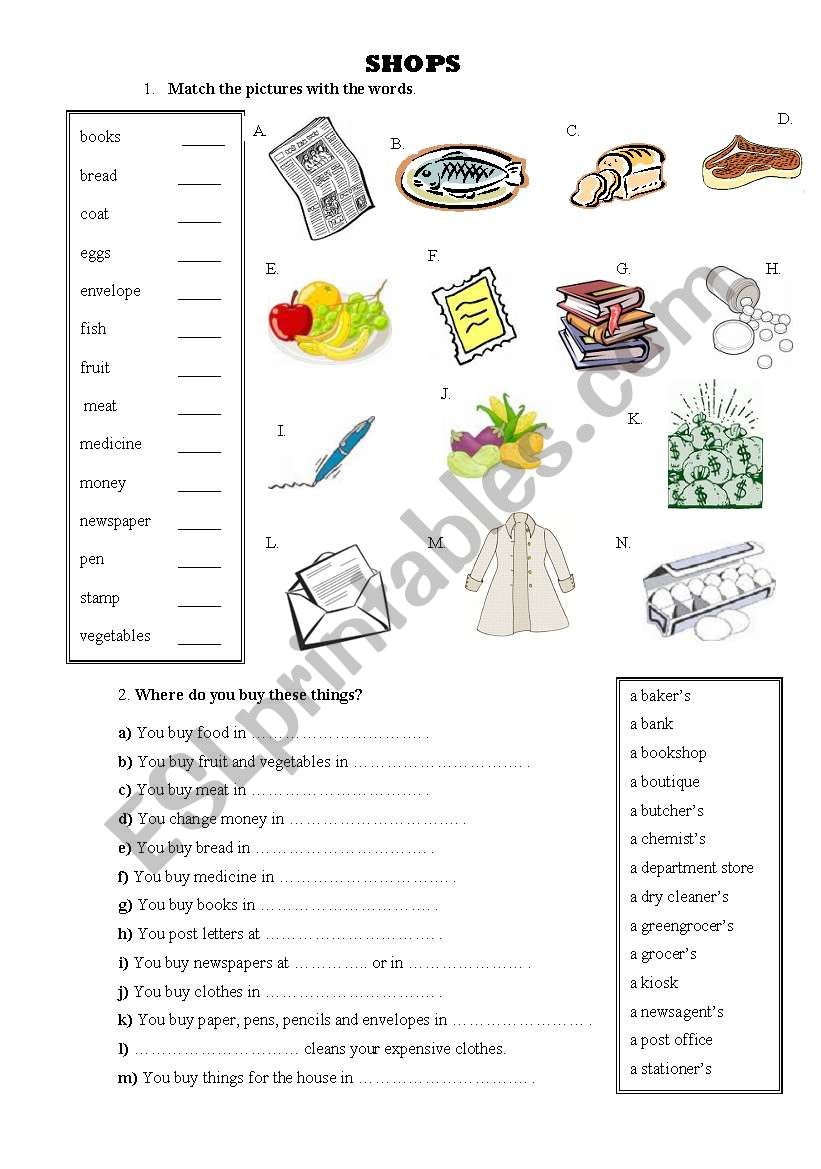 Shops worksheet