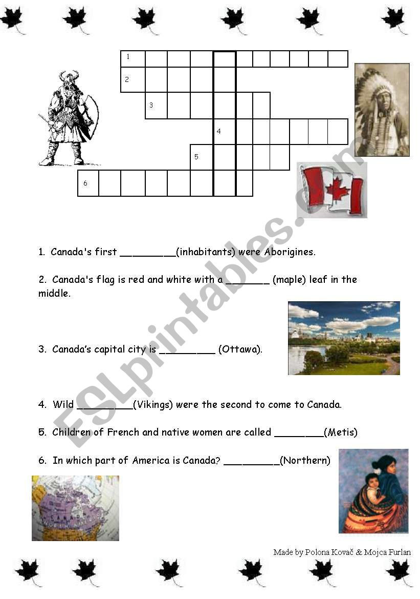 Canada crossword puzzle worksheet
