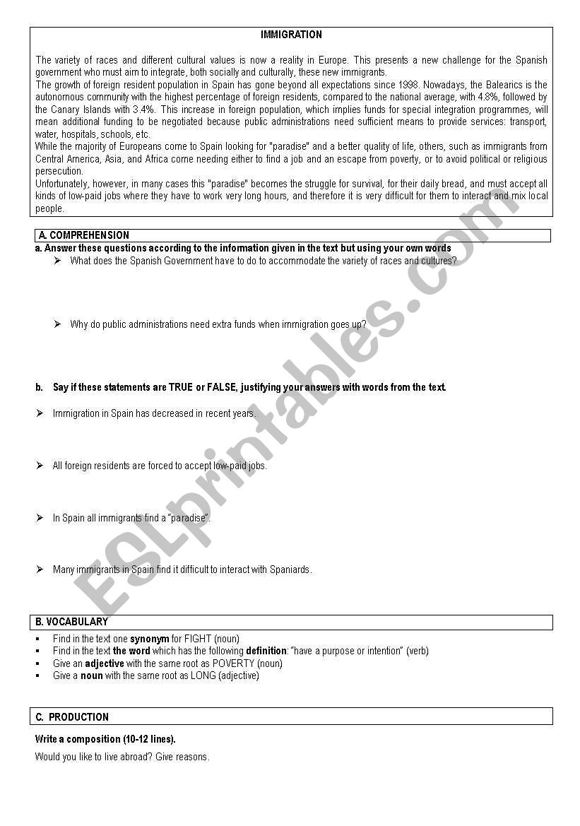 TWO TESTS ON IMMIGRATION   worksheet