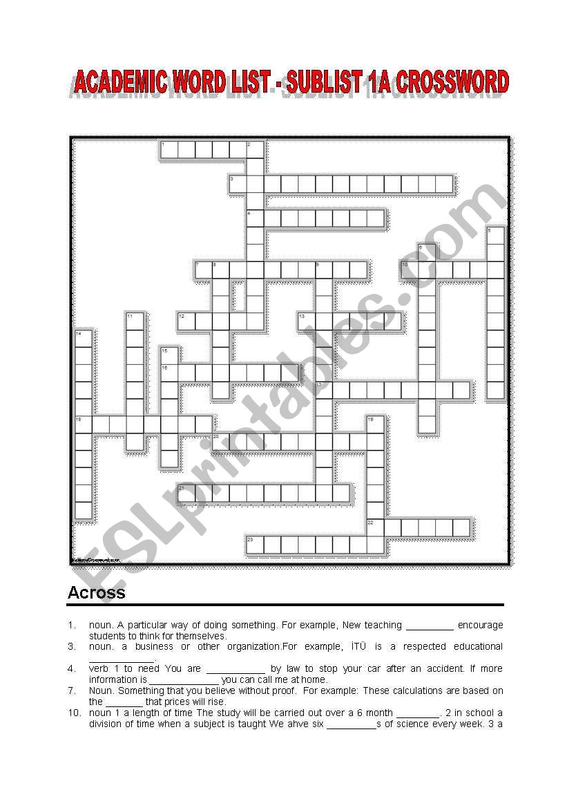 TOEFL/IELTS Prep Academic Word List Sublist 1 A Crossword