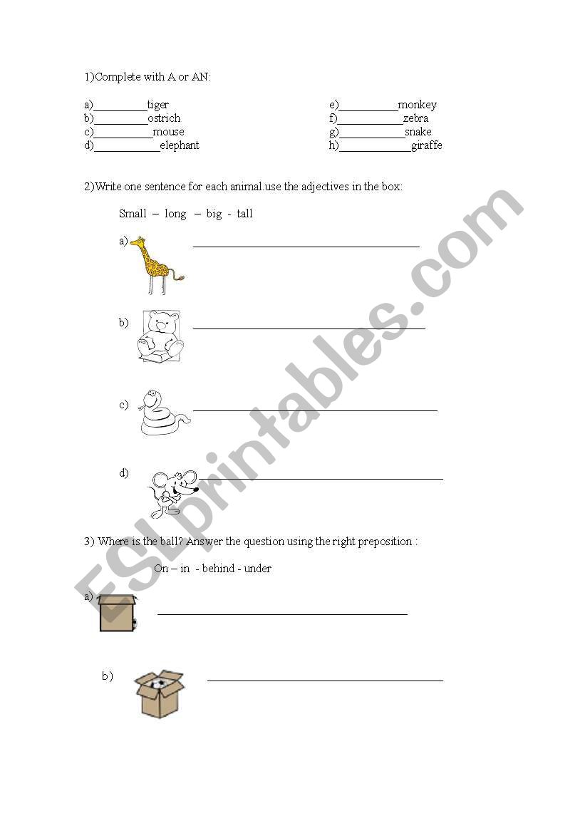 animalss, numbers and prepositions