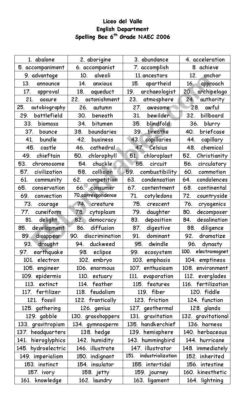 6 Grade Spelling Words Printable