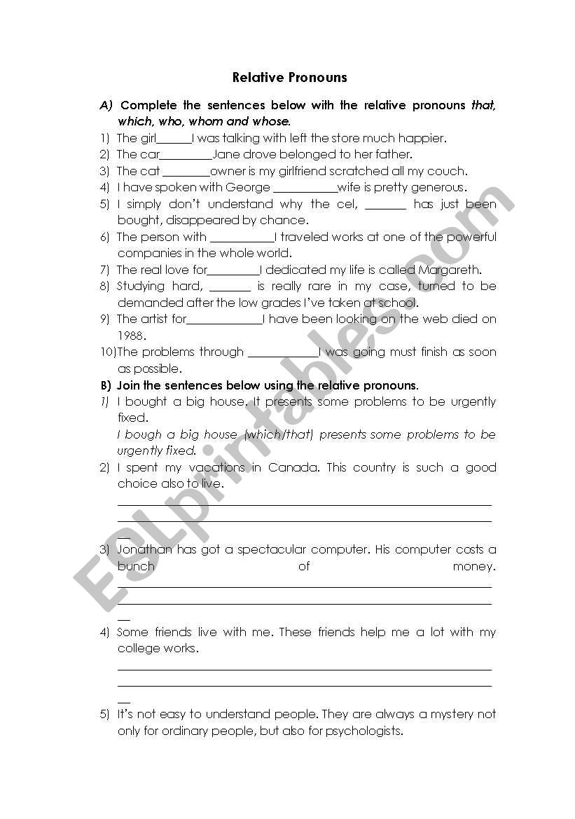 Relative Pronouns worksheet