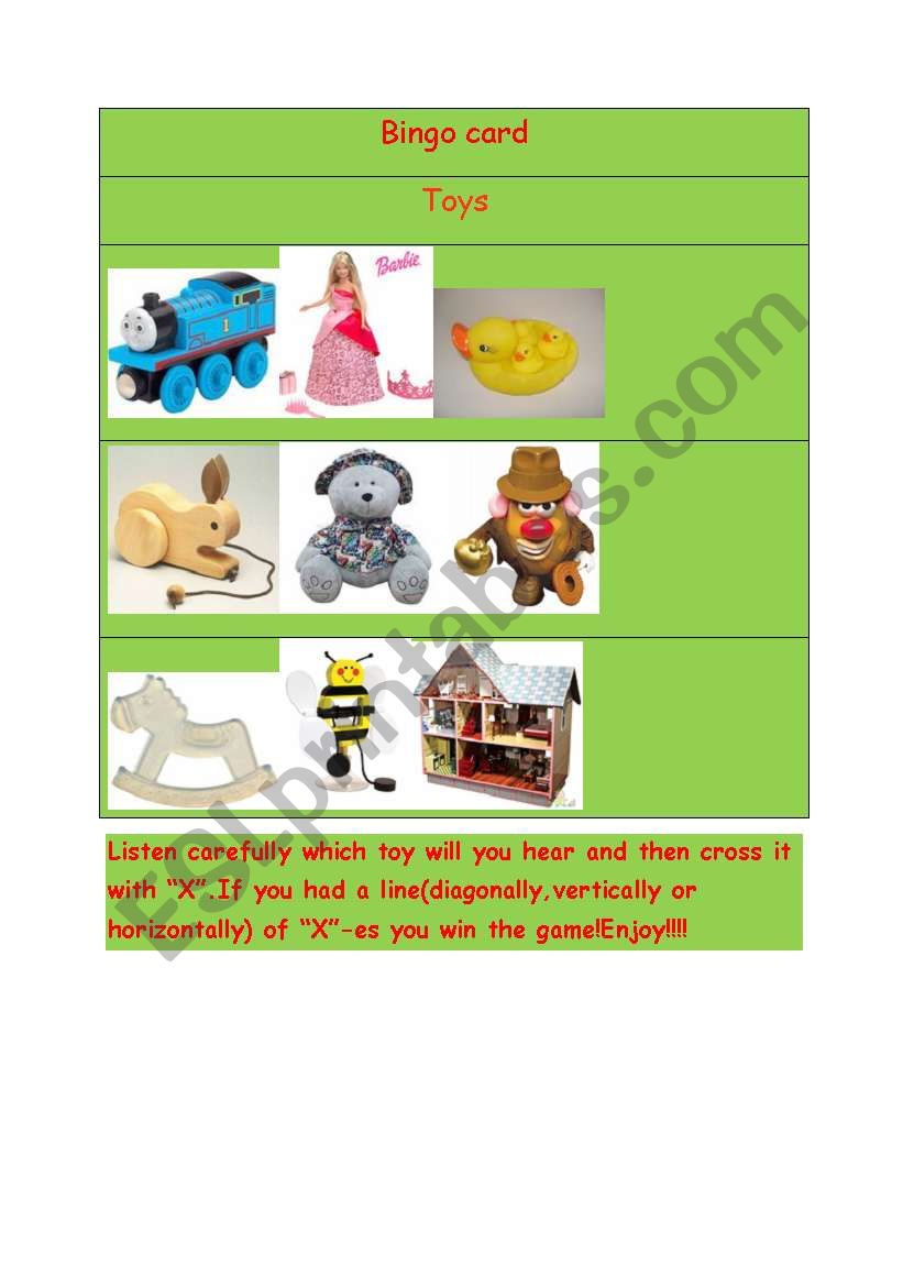 Bingo with different toys worksheet