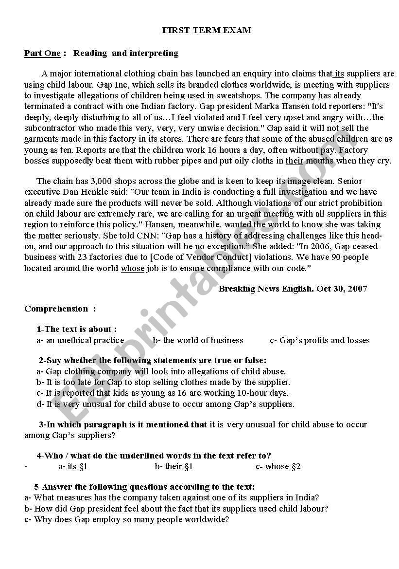 Test- Child labour worksheet