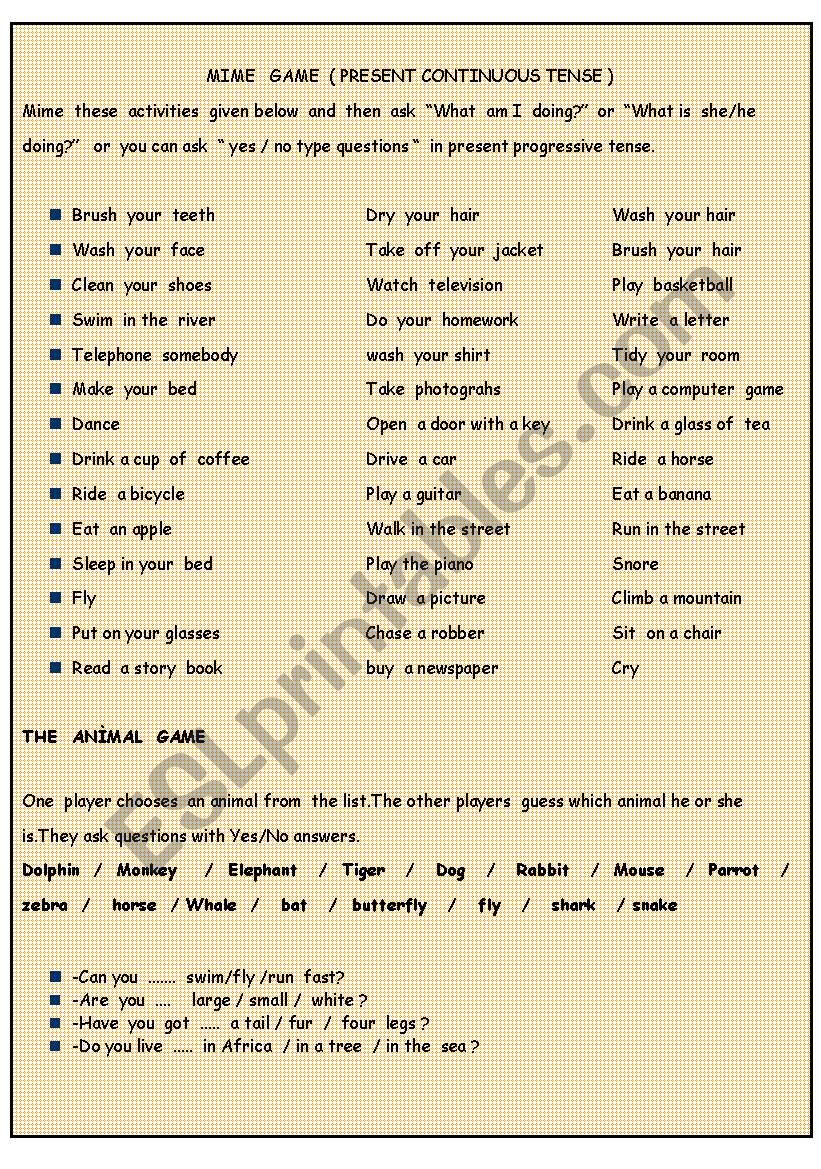 Mime game to teach  Present Continuous  Tense