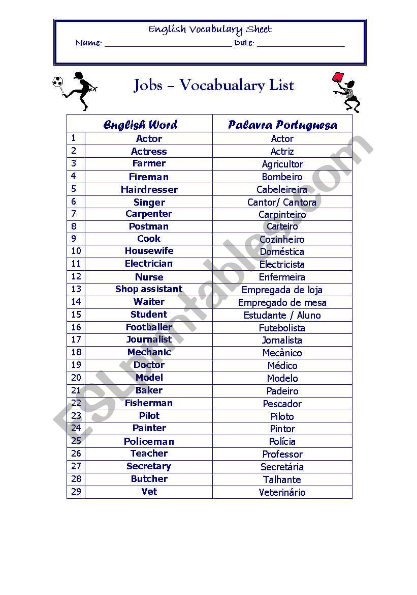 Vocabulary list worksheet