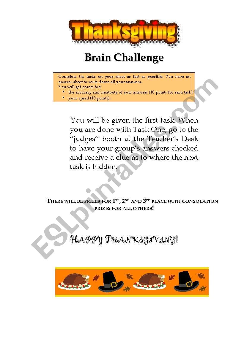 Thanksgiving Brain Challenge worksheet