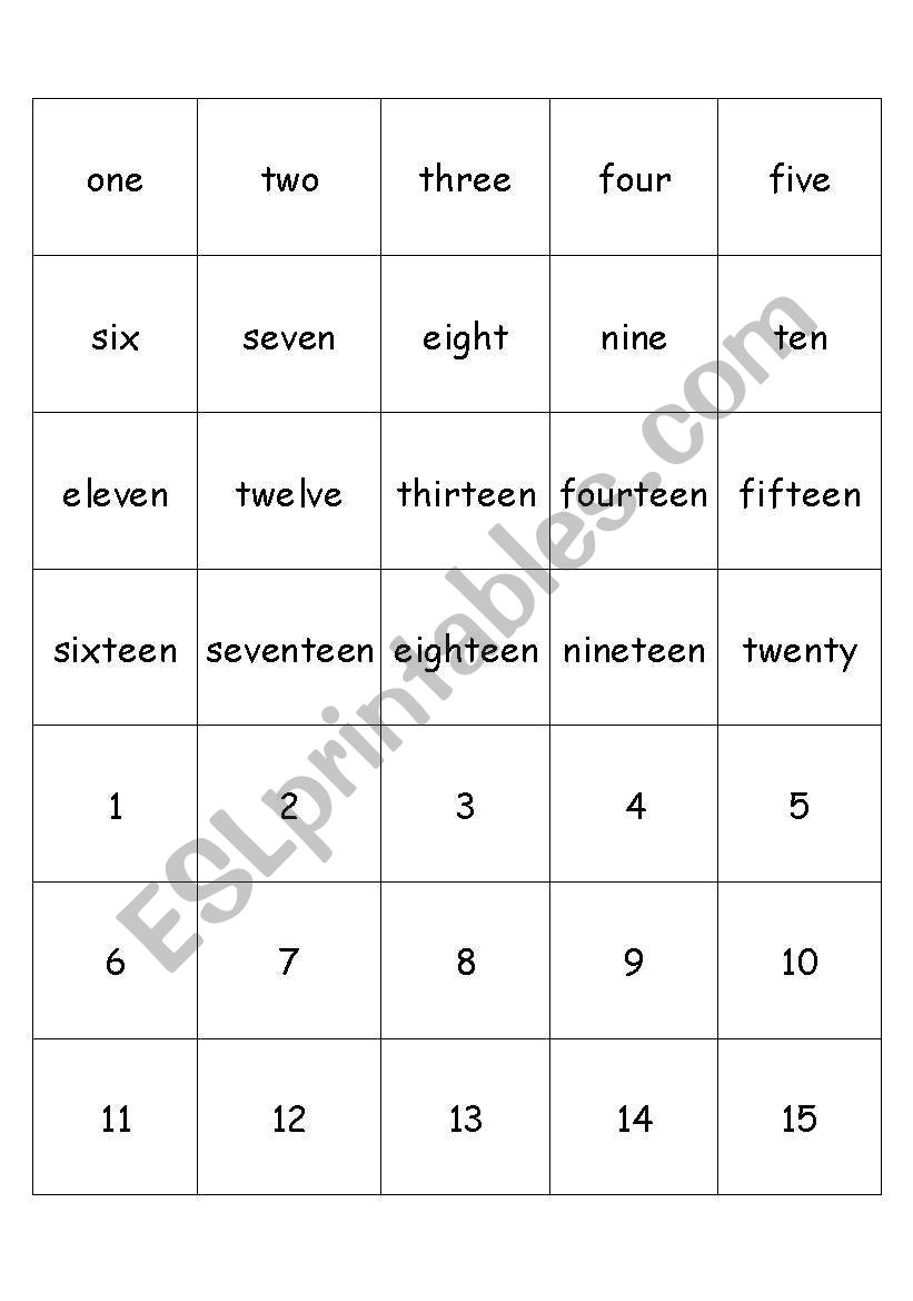 1 - 20 words and numbers worksheet