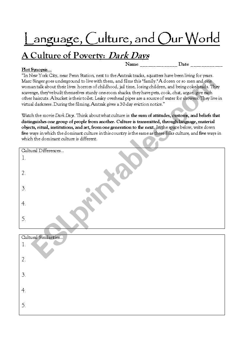 Dark Days Project worksheet