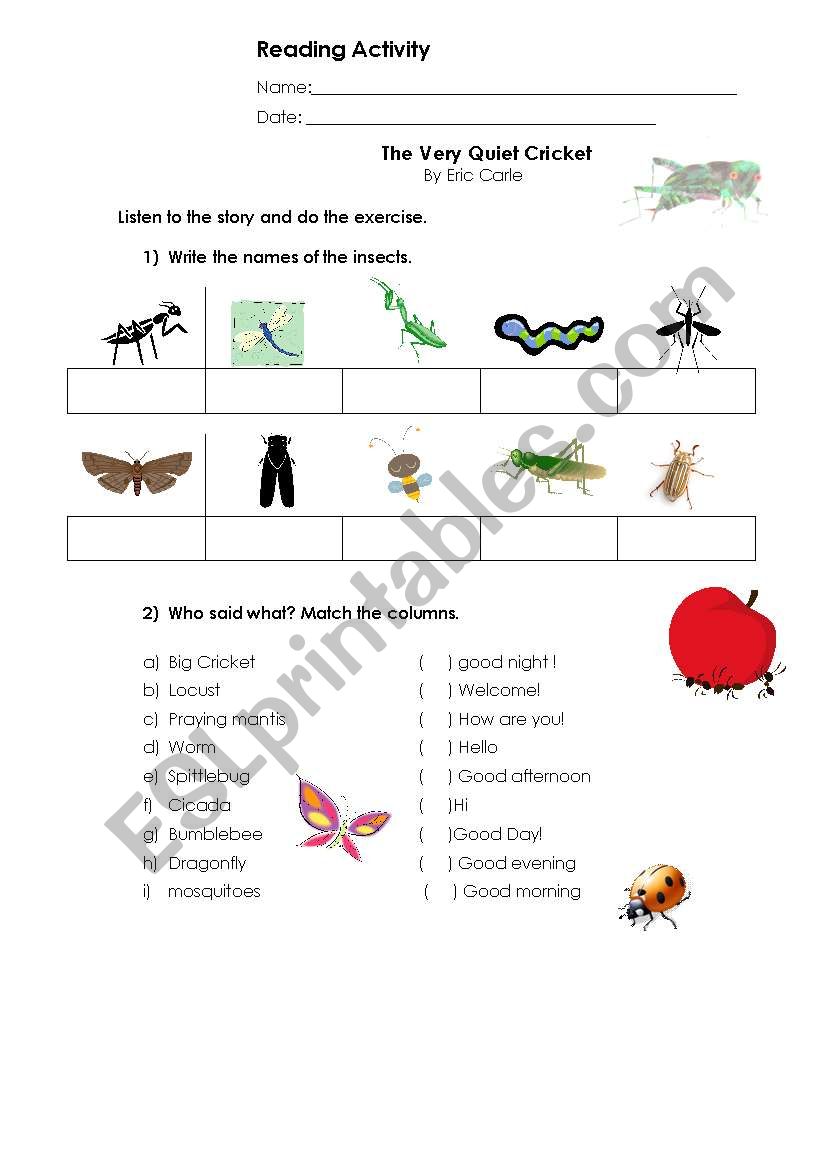 The Very Quiet Cricket - Reading worksheet