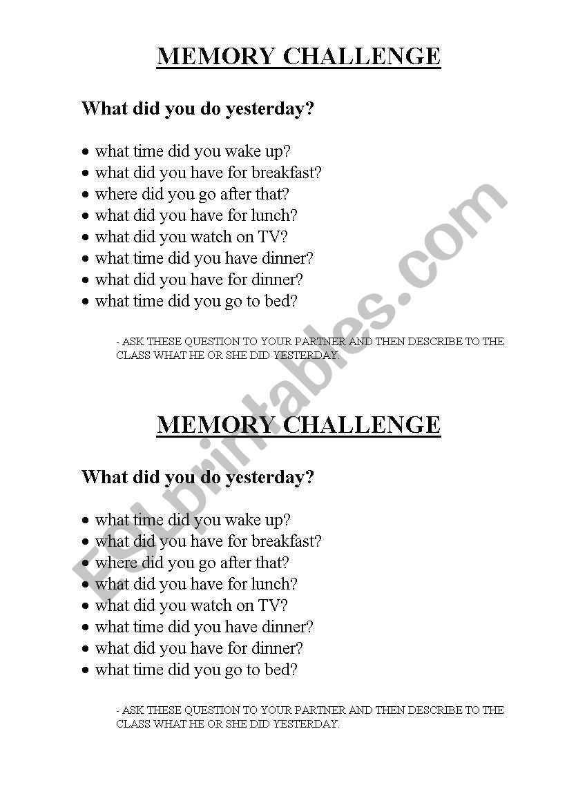 memory challenge worksheet
